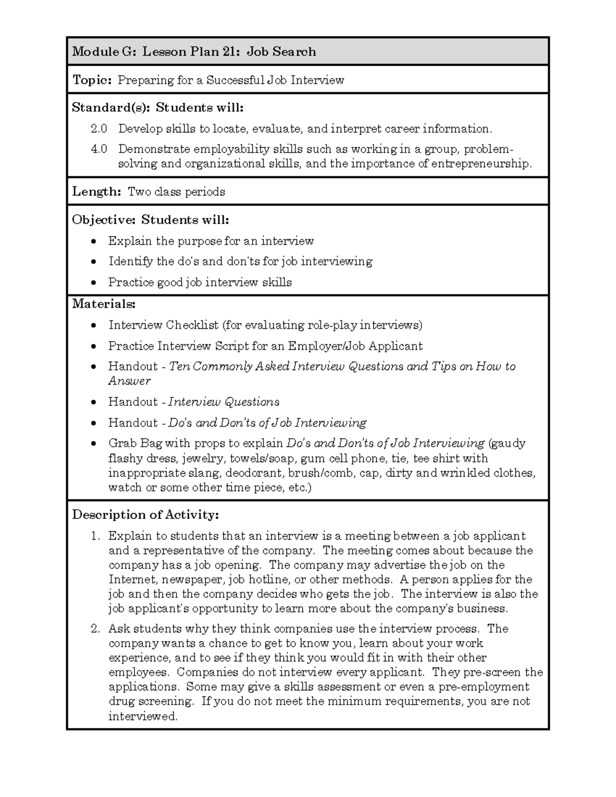 sample script for job interview for students - Module G: Lesson Plan 21 ...