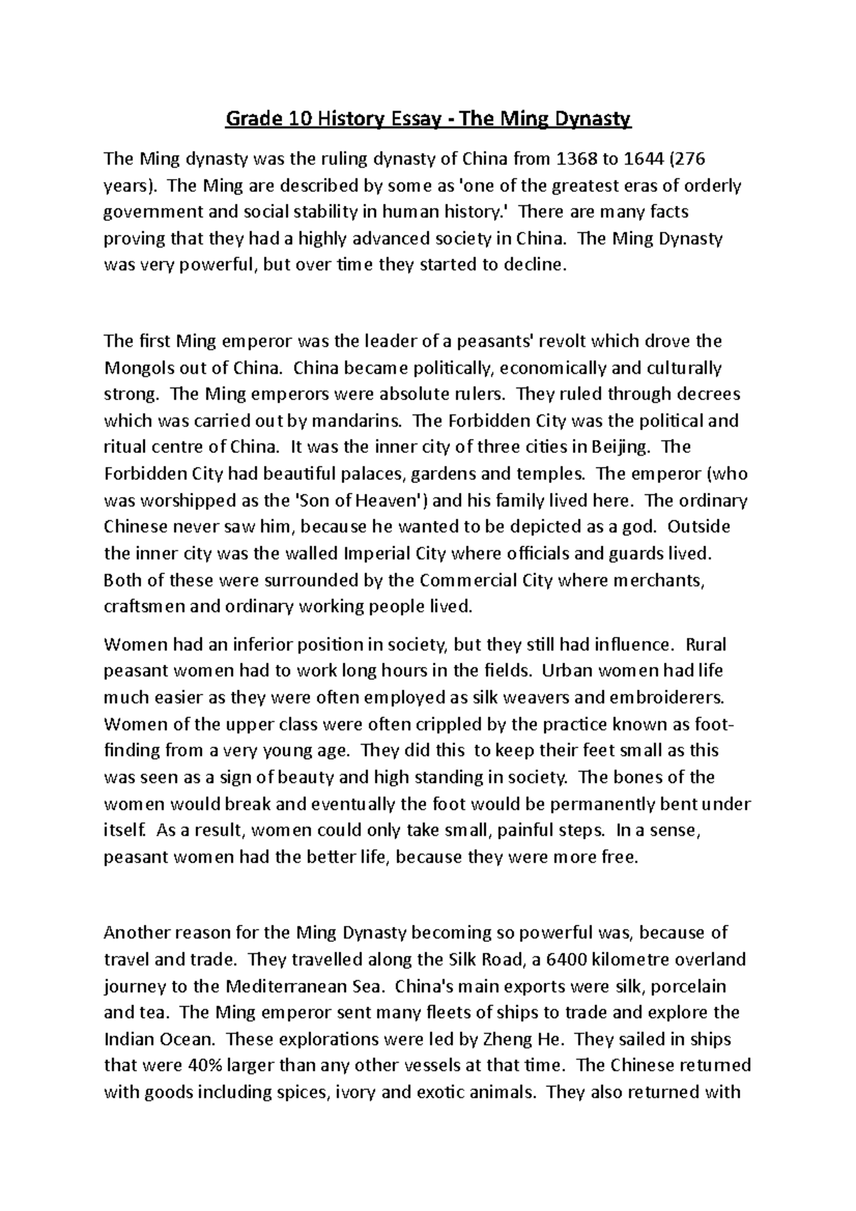 ming dynasty essay grade 10