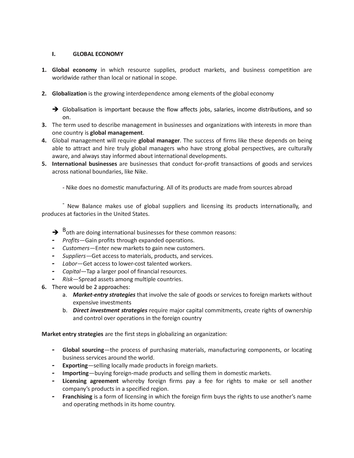 Chapter 5 summary - I. GLOBAL ECONOMY Global economy in which resource ...