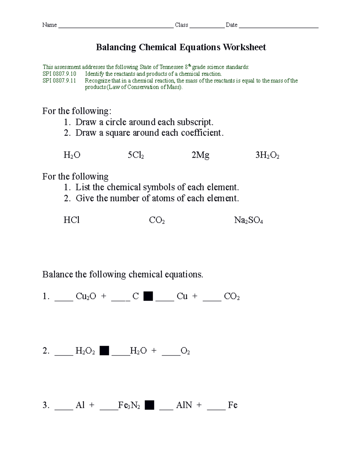 Balancing chemical equations worksheet - Name ...