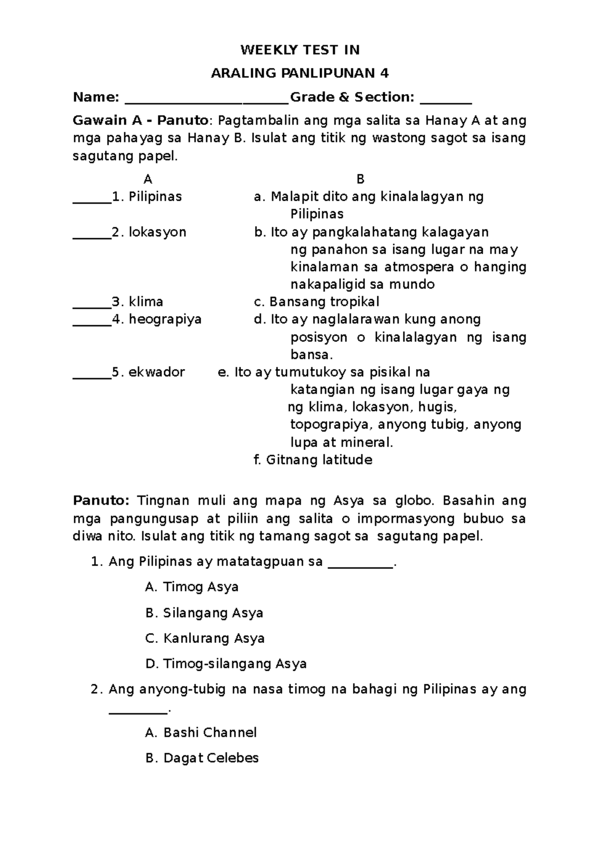 Ap 4 - Education - WEEKLY TEST IN ARALING PANLIPUNAN 4 Name ...
