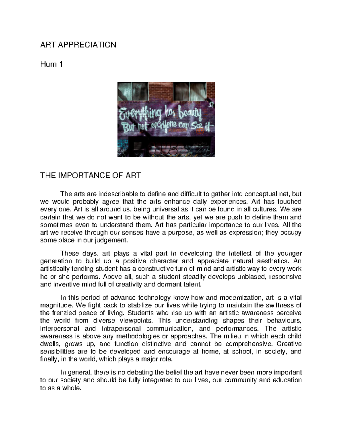 Art Appreciation Hum 1 - The Importance Of Art - ART APPRECIATION Hum 1 ...