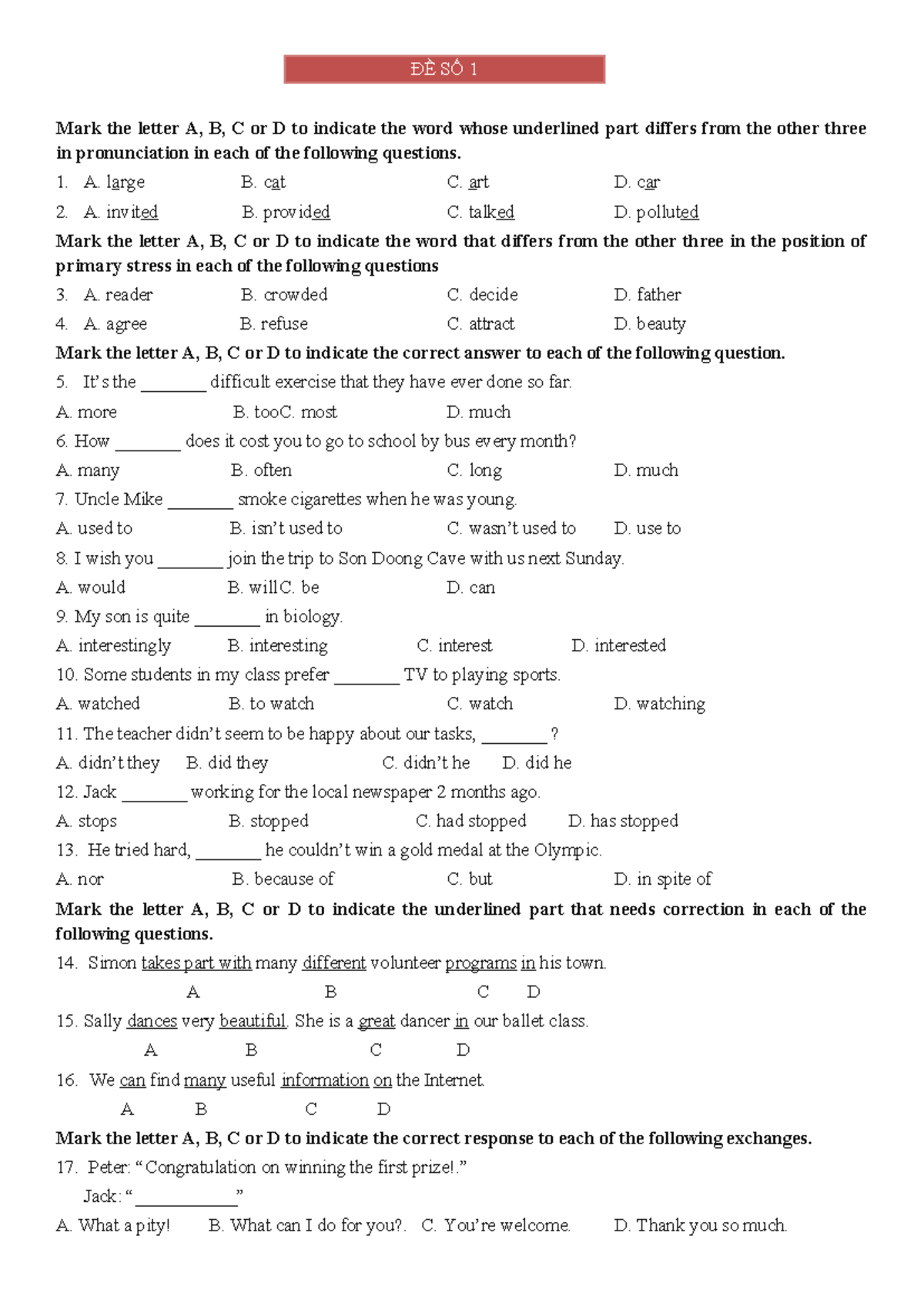 BỘ ĐỀ ÔN THI VÀO LỚP 10 MÔN TIẾNG ANH - ĐỀ SỐ 1 Mark The Letter A, B, C ...