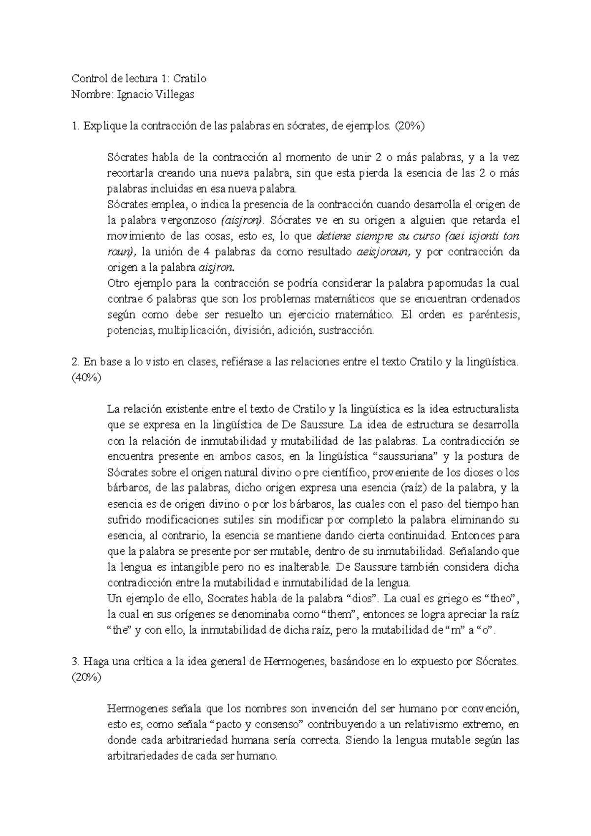 Ignacio Villegas Control de lectura 1 Cratilo Control de lectura 1 Cratilo Nombre Ignacio