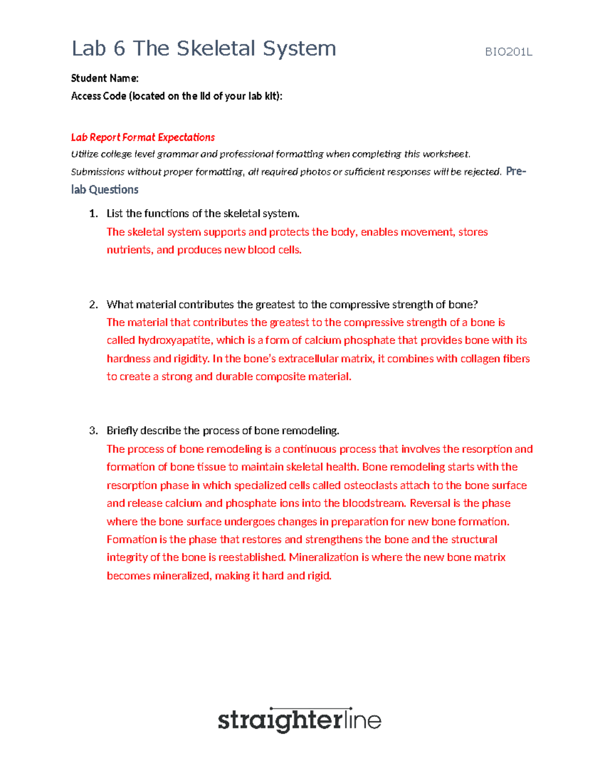 BIO201 Lab 6 - The skeletal system - Student Name: Access Code (located ...