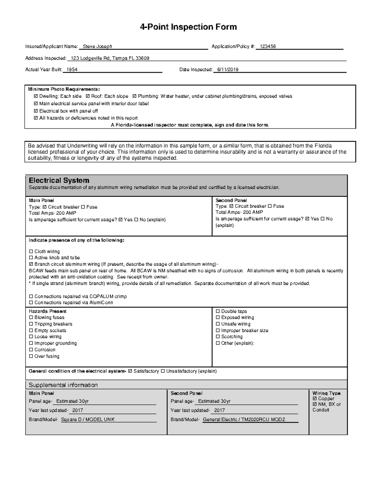 Florida 4 Point Inspection Form Sample Insured Applicant Name Steve 