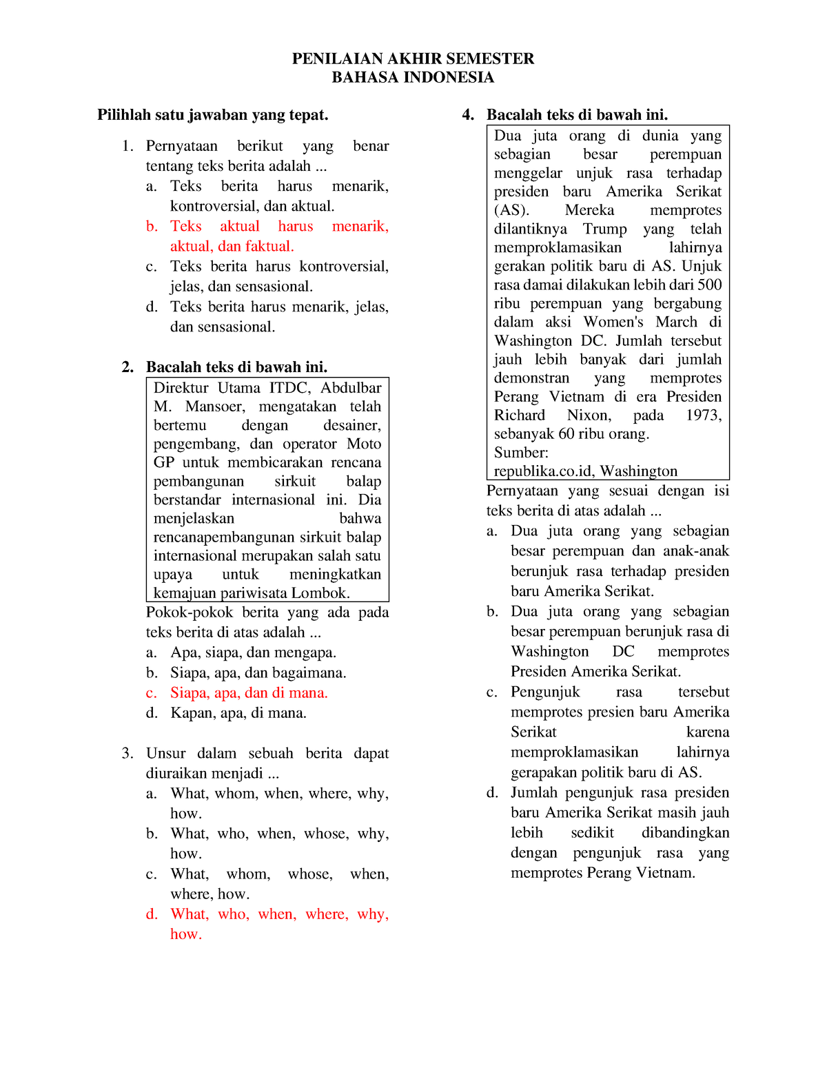 Soal PAS Bahasa Indonesia Kelas 8 - BAHASA INDONESIA Pilihlah Satu ...