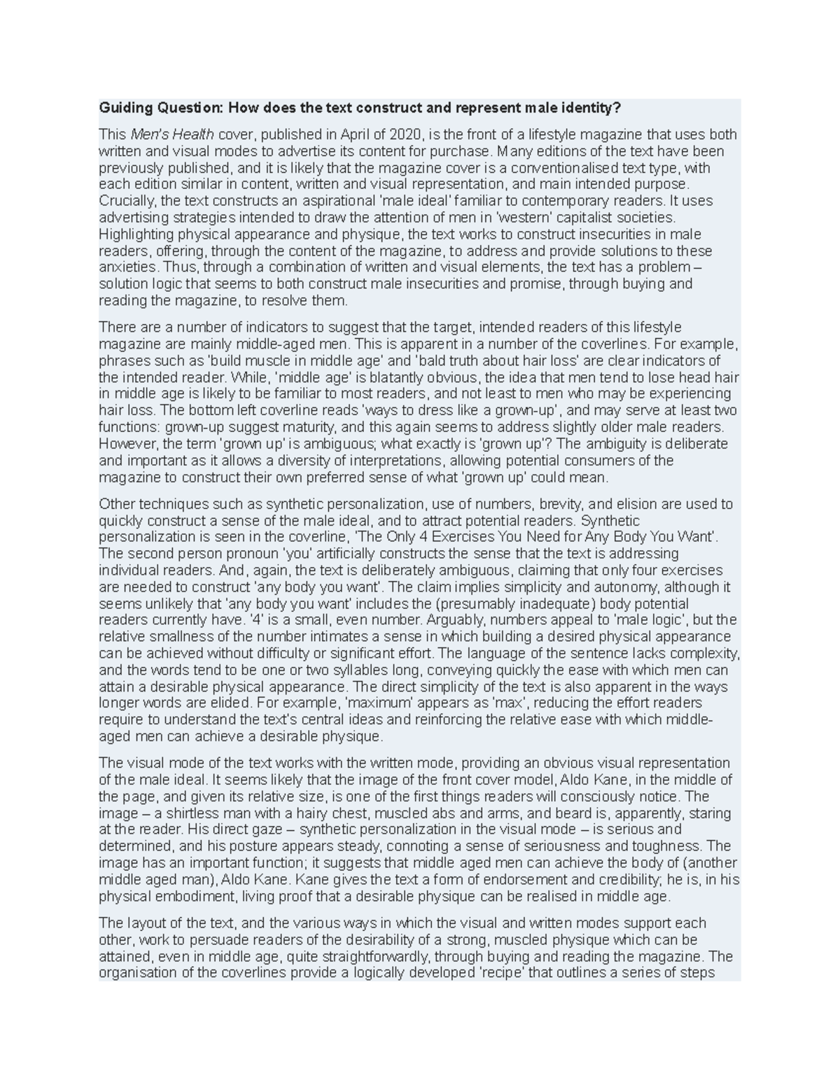 Men Health response Guiding Question How Does The Text Construct