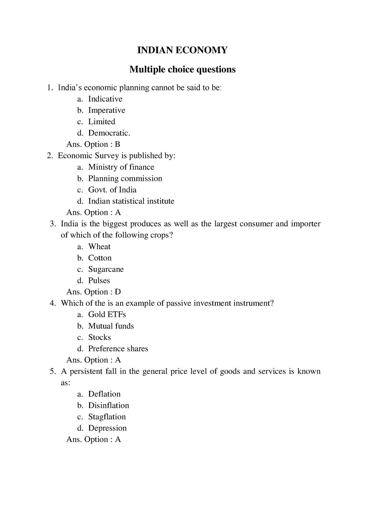 Indian- Economy-1 - INDIAN ECONOMY Multiple Choice Questions India’s ...