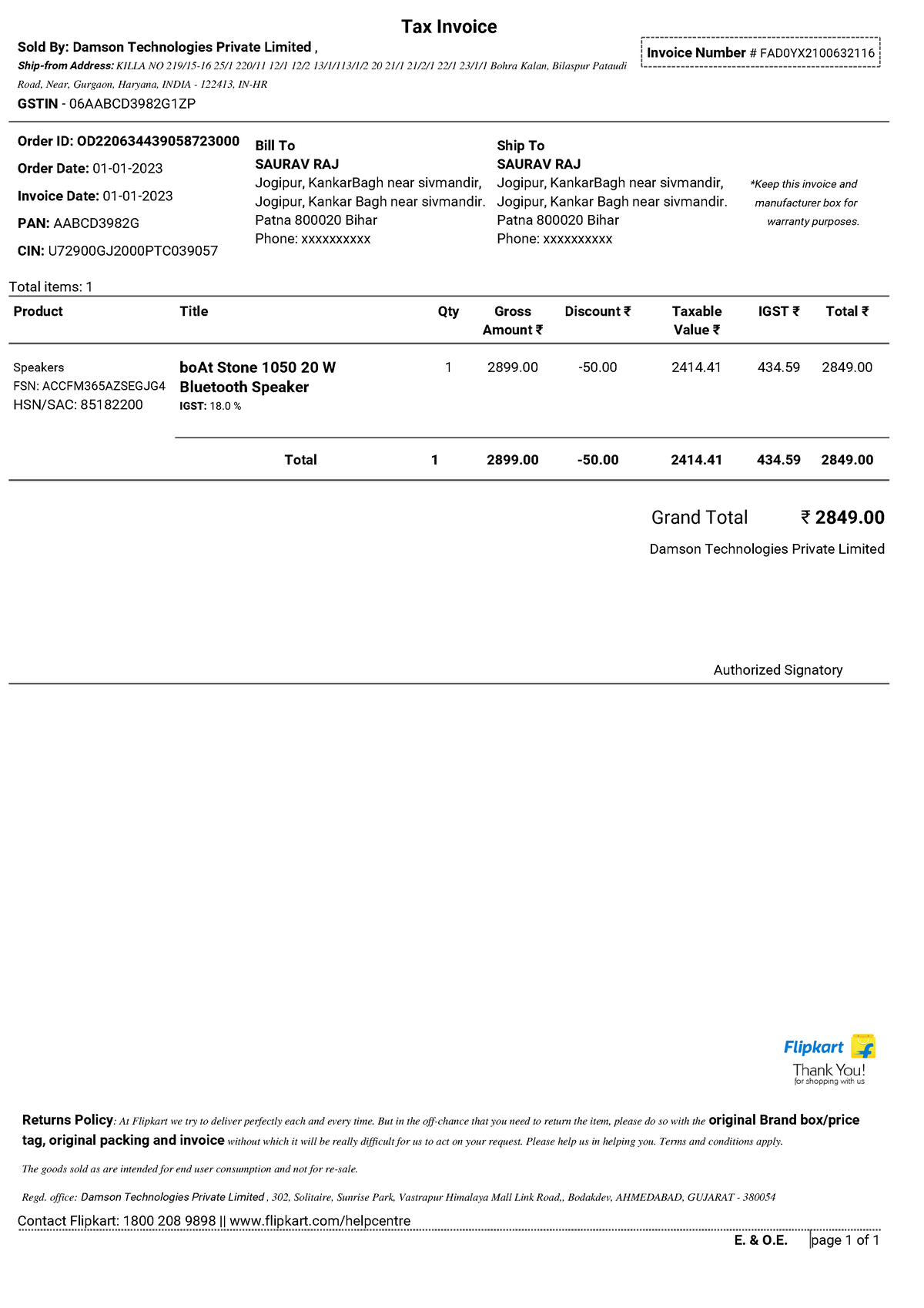 OD220634439058723000-1 - E. & O. page 1 of 1 *Keep this invoice and ...