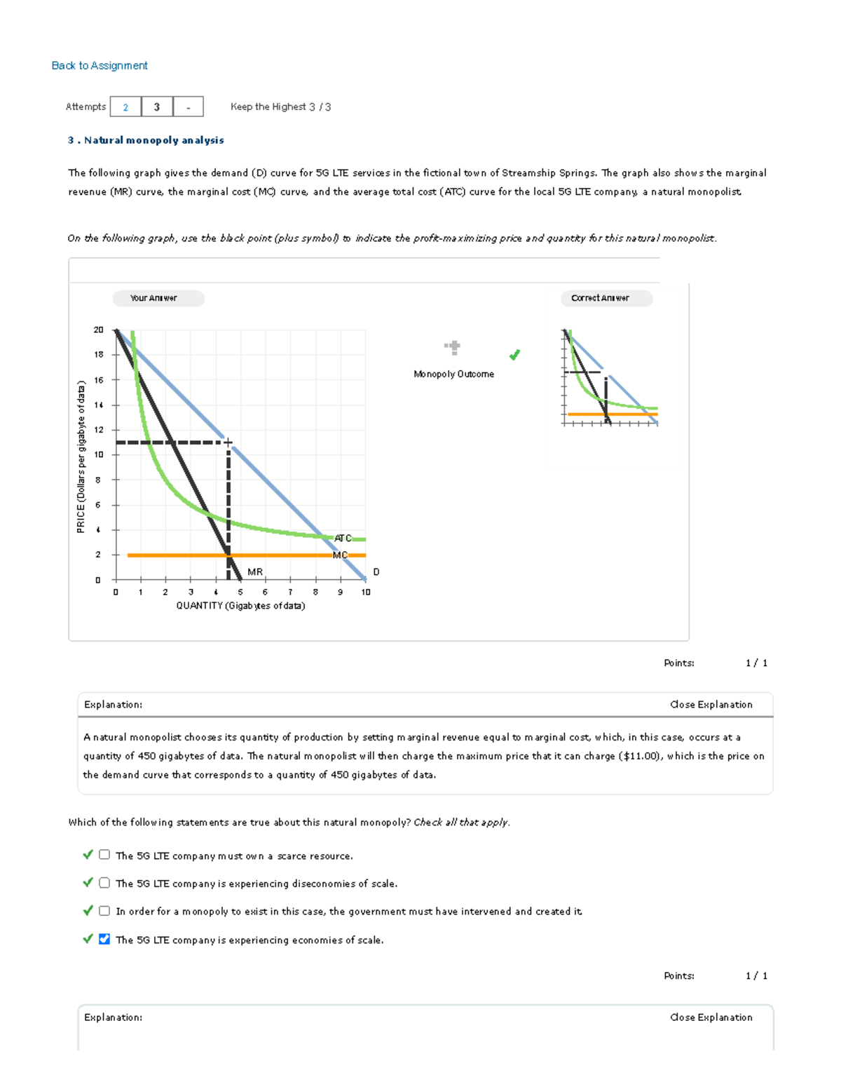 6.3 Natural monopoly analysis - Points: 1 / 1 Close Explanation Points ...