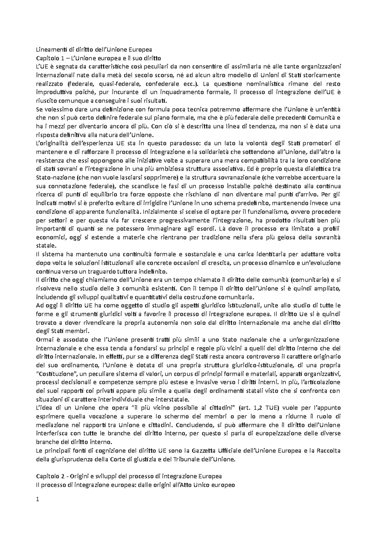 Riassunto completo Lineamenti di diritto dell’Unione