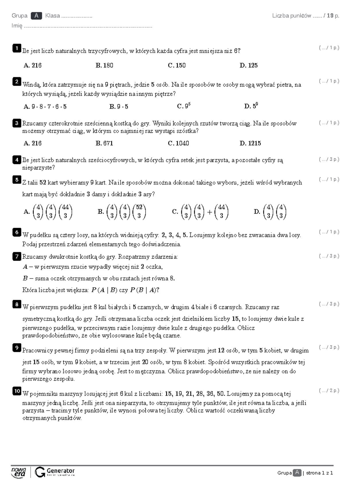 Sprawdzian Z Prawdopodobieństwa Technikum Nowa Era www.studocu.com