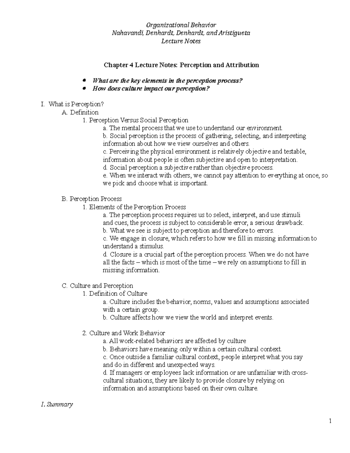 Chapter 4 Notes Organizational Behavior - Organizational Behavior ...