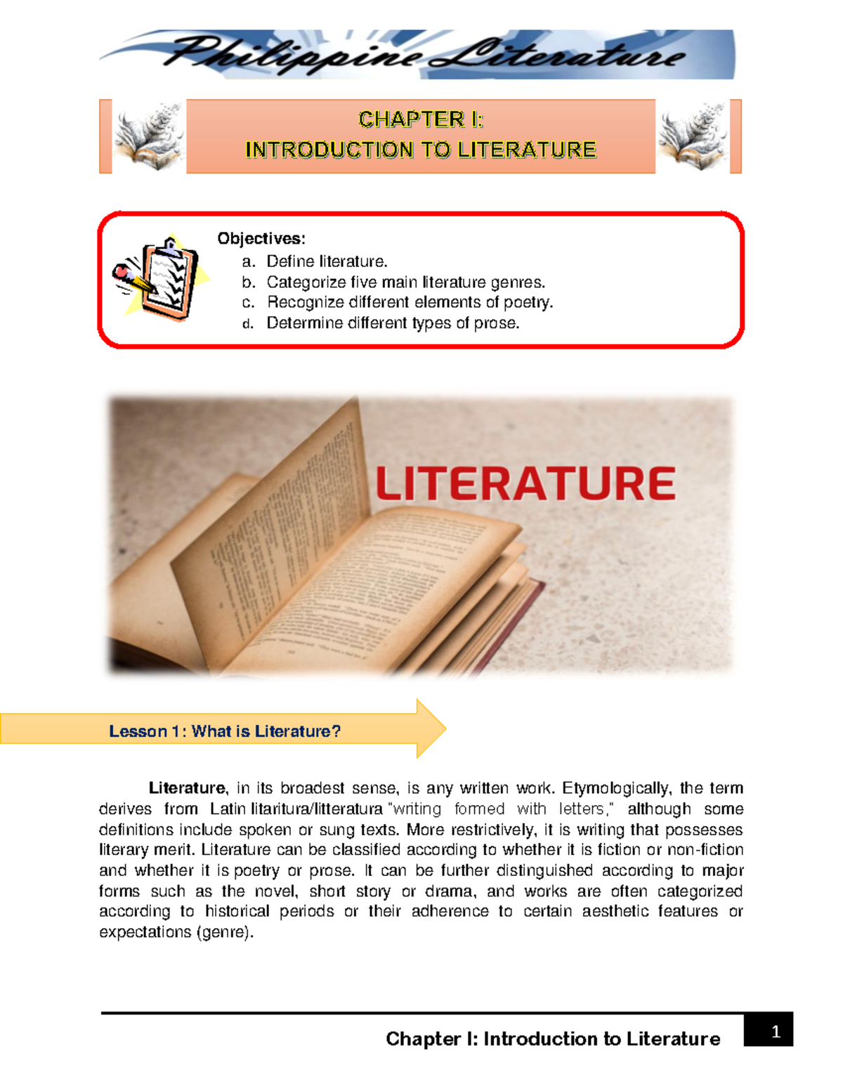 Chapter I - Introduction TO Literature - Literature, in its broadest ...