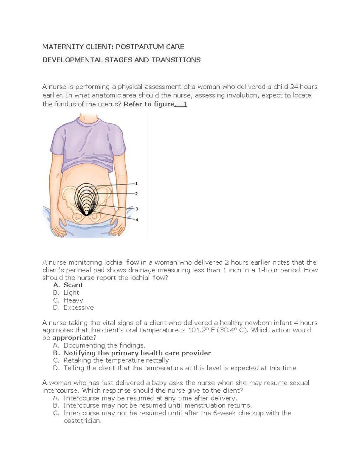 Maternity Client Postpartum Care HESI Questions MATERNITY CLIENT