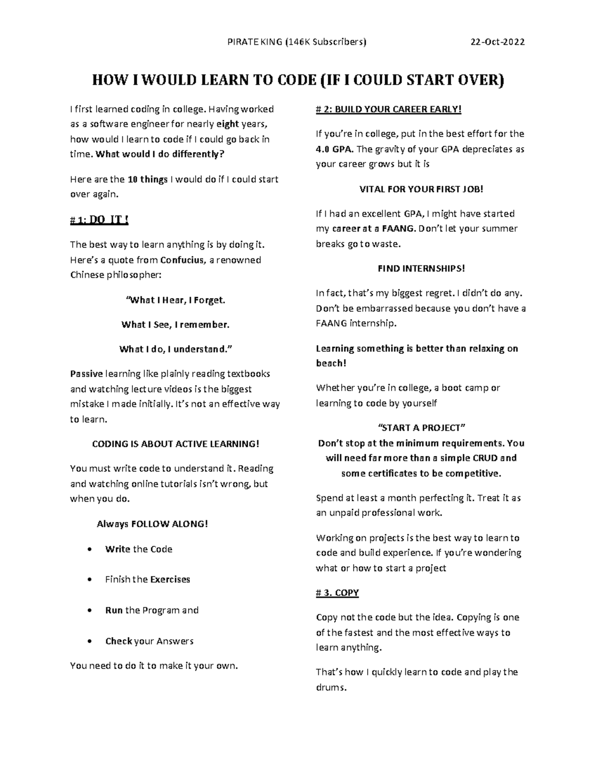 Pirate King- V1 - Random - HOW I WOULD LEARN TO CODE (IF I COULD START ...