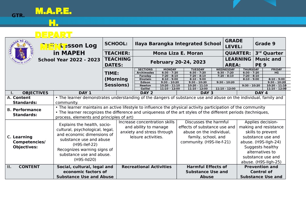 Mapeh 9 DLL Q2 Health PE Week8 - GTR. Daily Lesson Log in MAPEH School ...