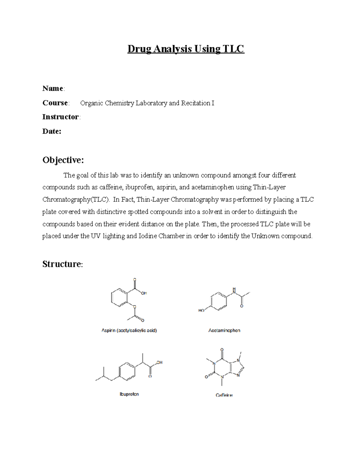 Organic Chemistry Laboratory and Recitations I Drug Analysis Using TLC
