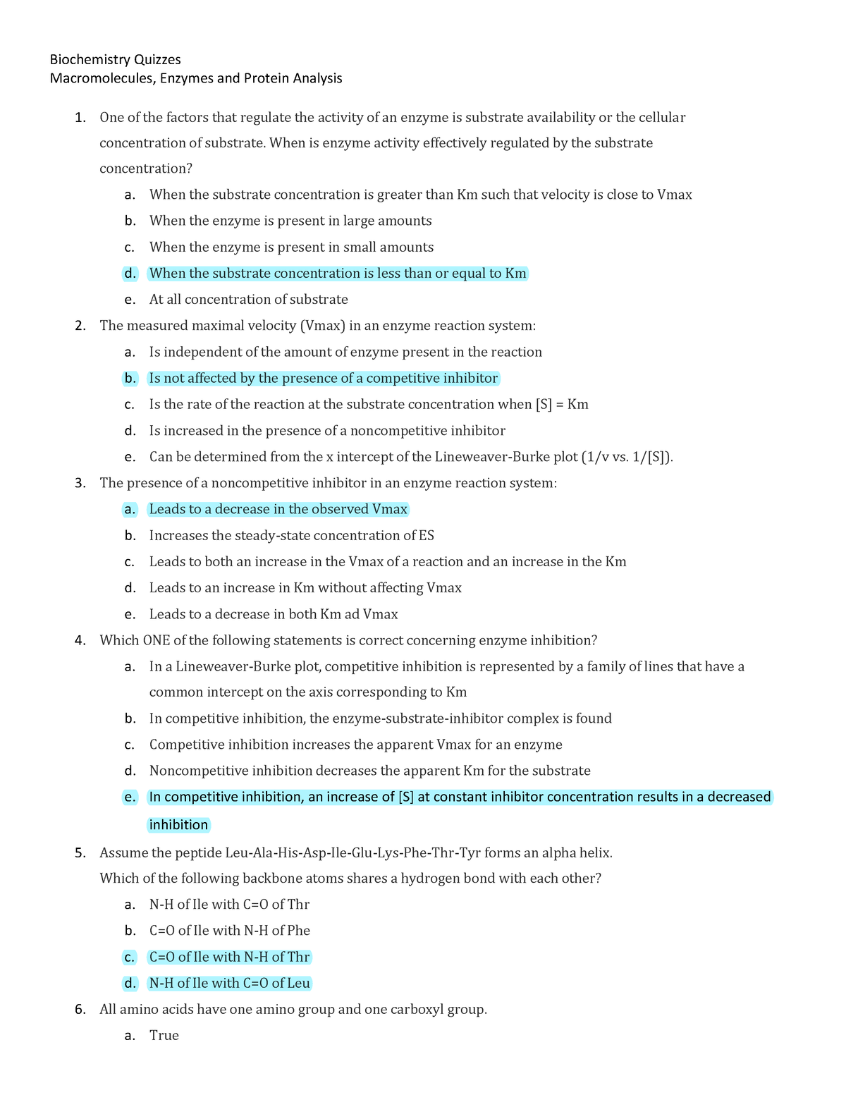 Macromolecules, Enzymes and Protein Analysis Answer - Biochemistry ...