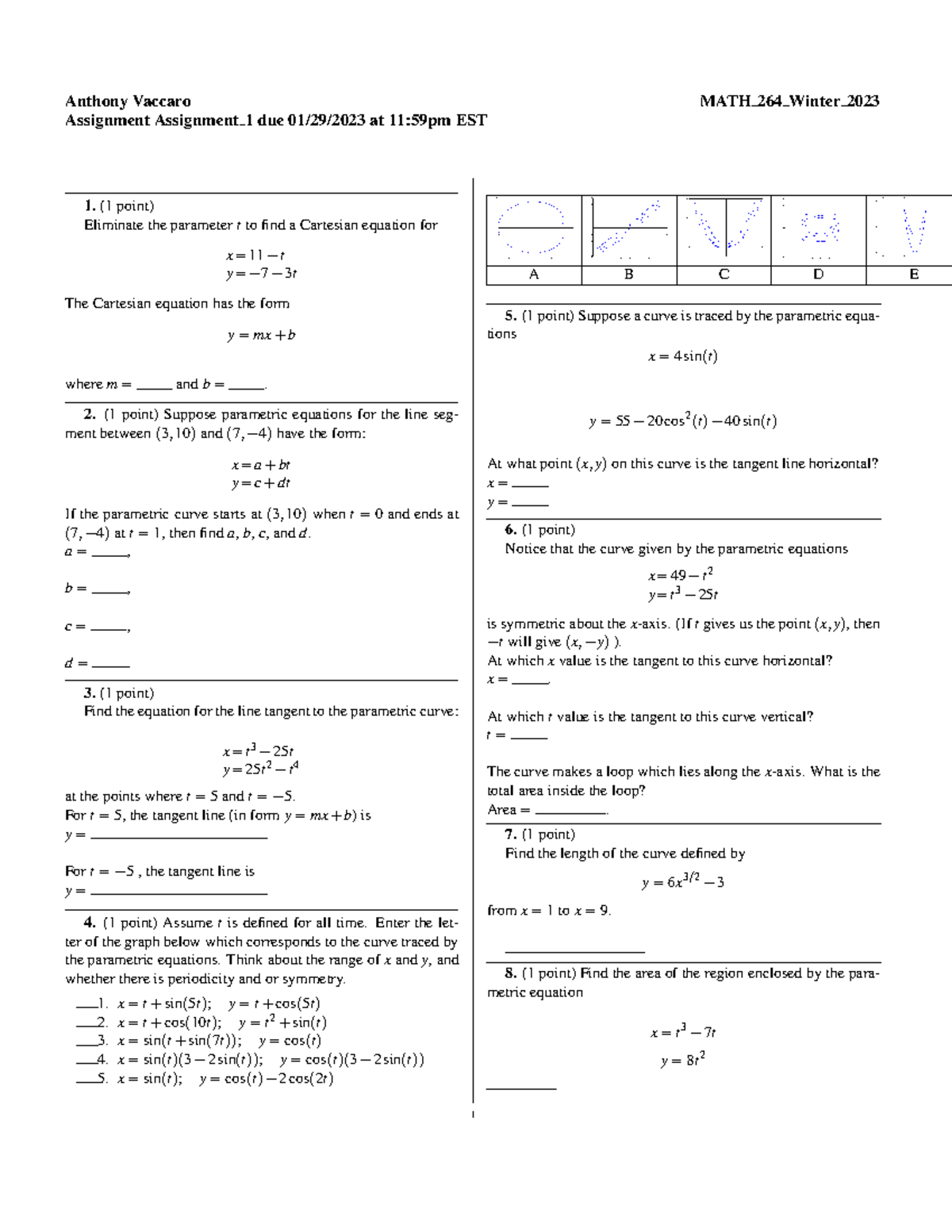 A1 - Assignment 1 - Anthony Vaccaro MATH 264 Winter 2023 Assignment ...