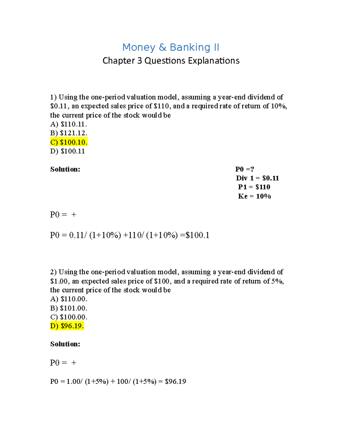 Chapter 3 examples to discuss Money & Banking II Chapter 3 Questions