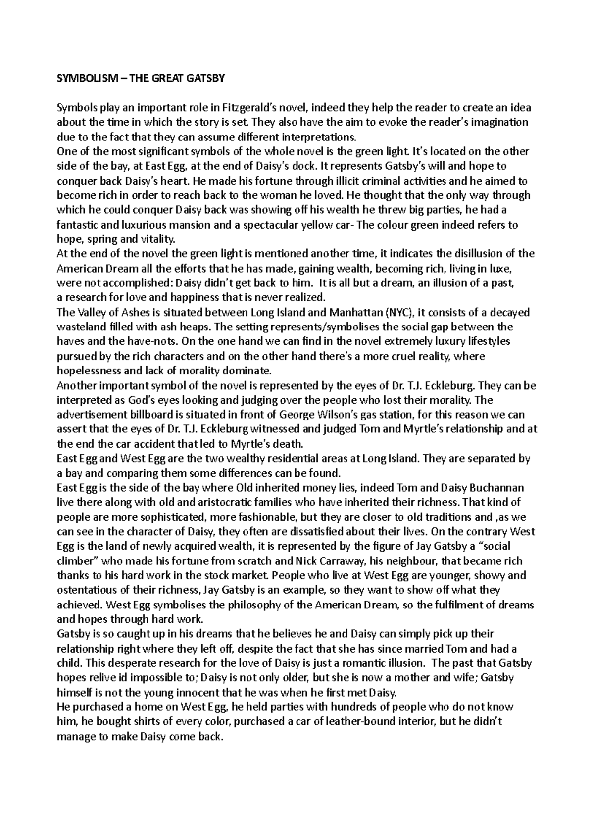 Symbolism in the novel "The Great Gatsby" by F.S. Fitzgerald