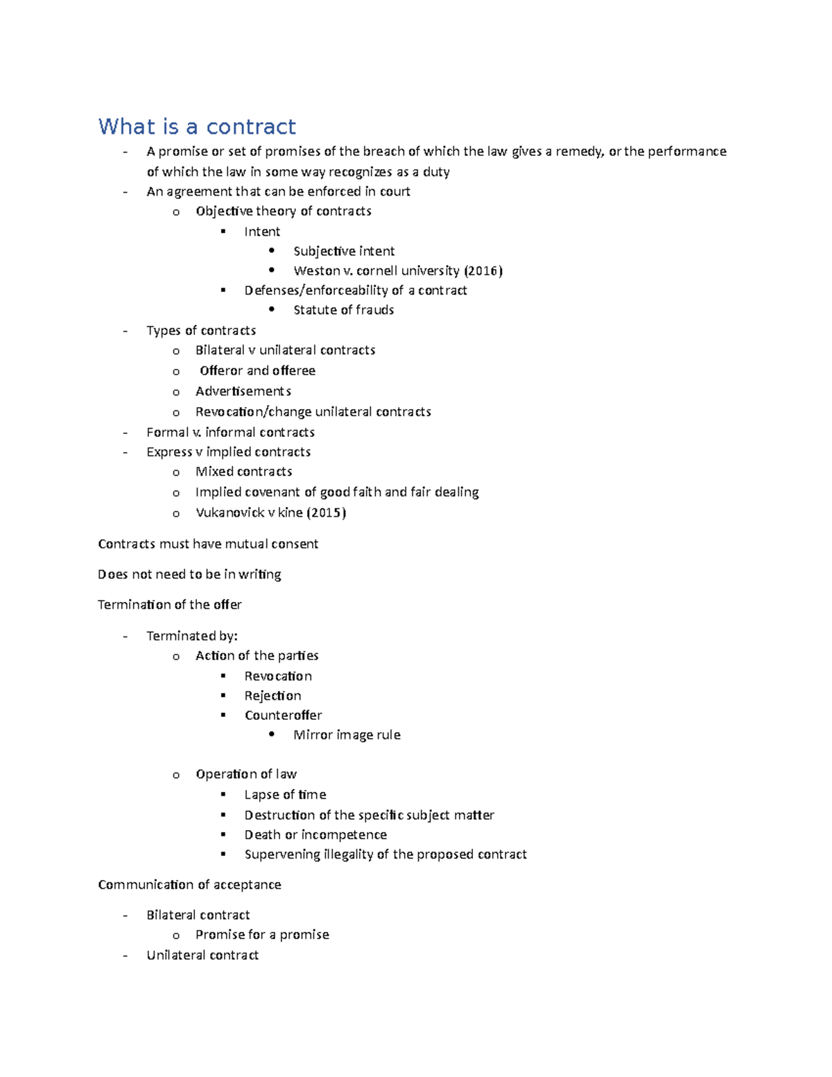 Business Law Notes - What is a contract A promise or set of promises of ...
