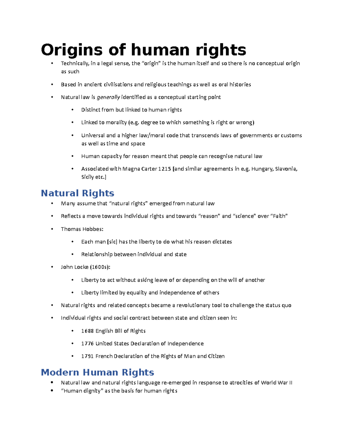 Wk1 - Origins of Human Rights - Origins of human rights • Technically ...