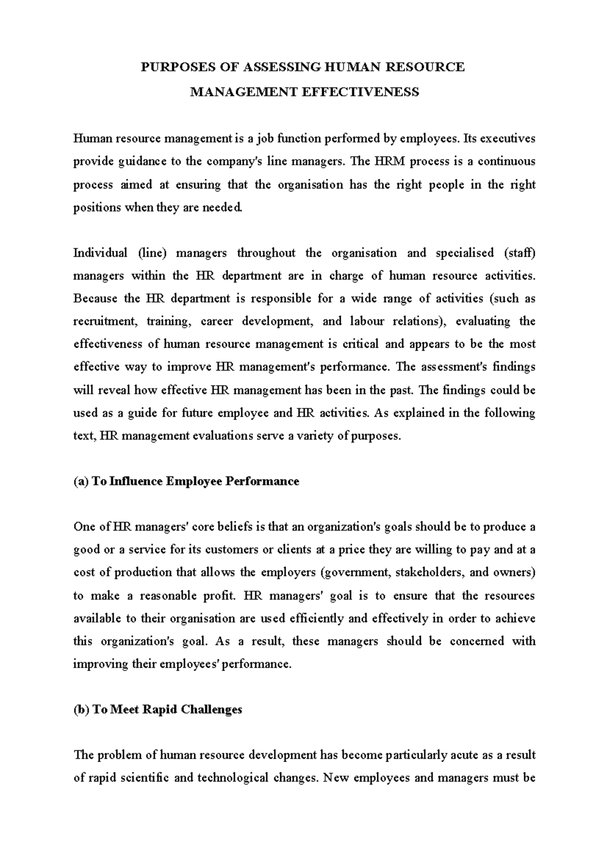 Purposes of Assessing Human Resource Management Effectiveness - Public