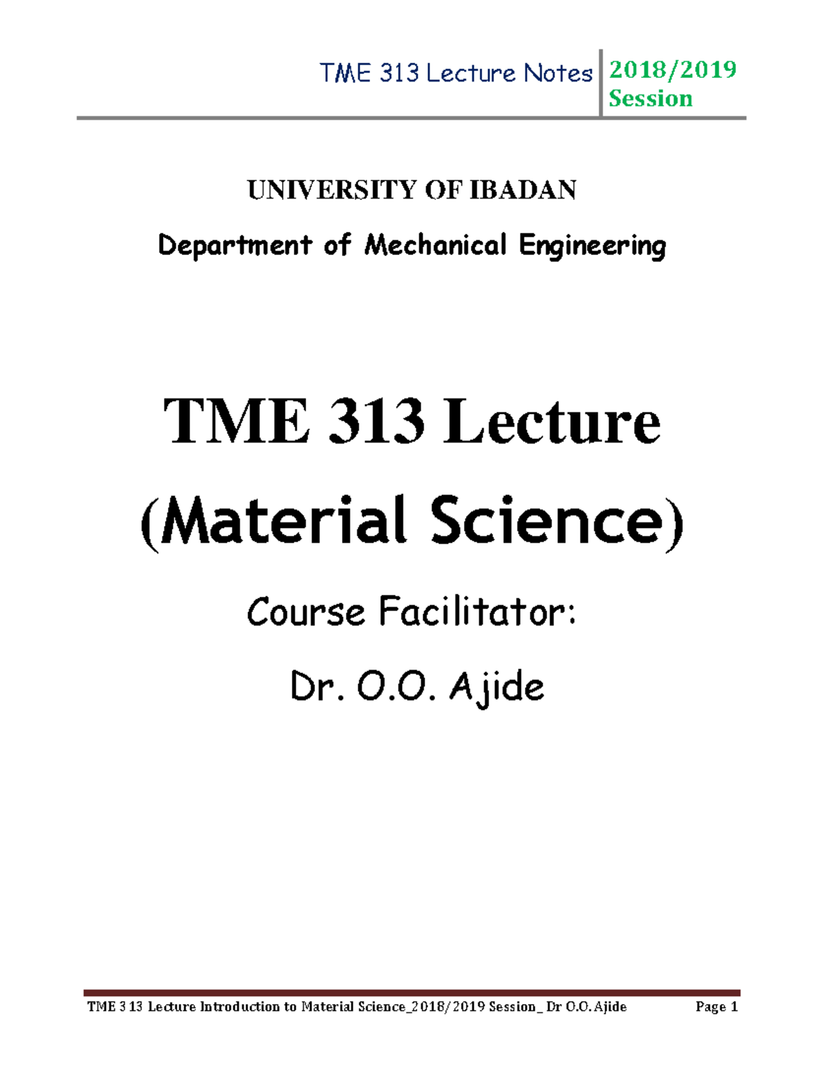 TME 313 Introduction to Material Science Lecture NOTE1 Warning TT