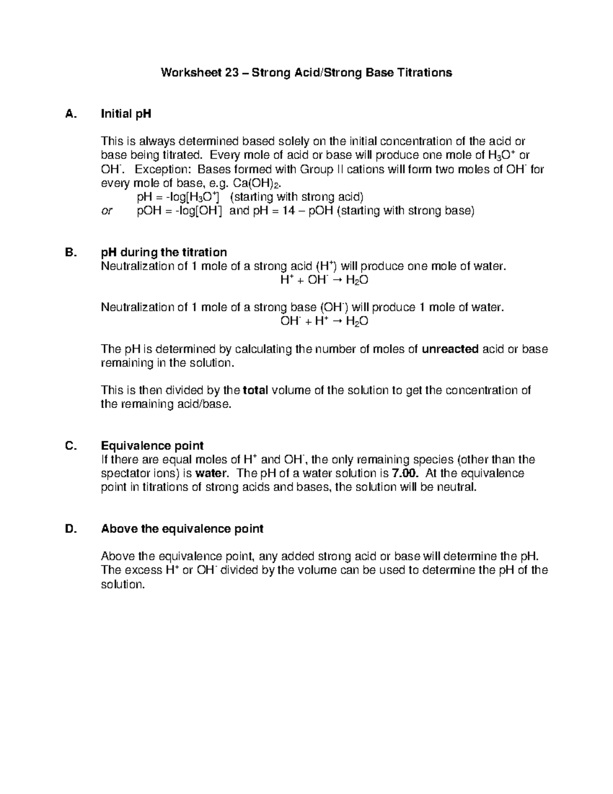 Worksheet 23 titrations 2 key Worksheet 23 Strong Acid/Strong Base