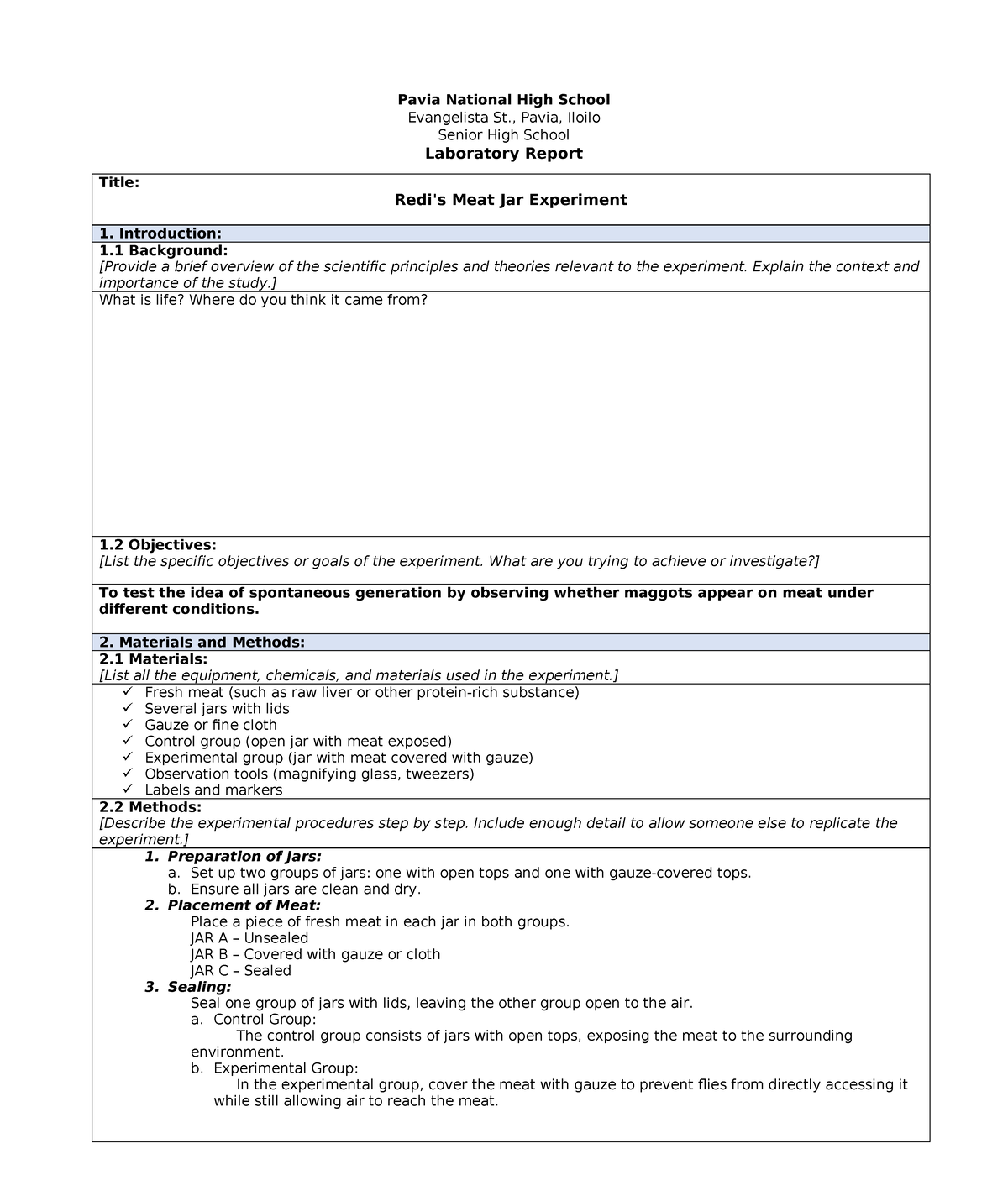 Laboratory-Report Meat-Jar-Experiment - Pavia National High School ...