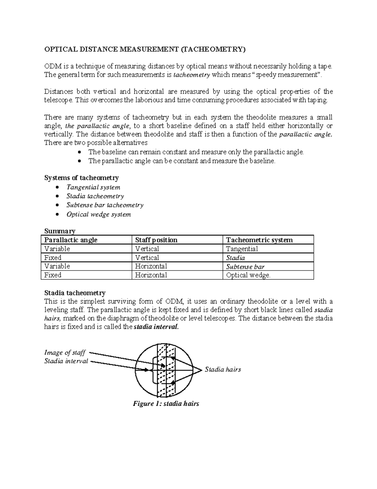 Optical Distance Measurement OPTICAL DISTANCE MEASUREMENT (TACHEOMETRY) ODM is a technique of