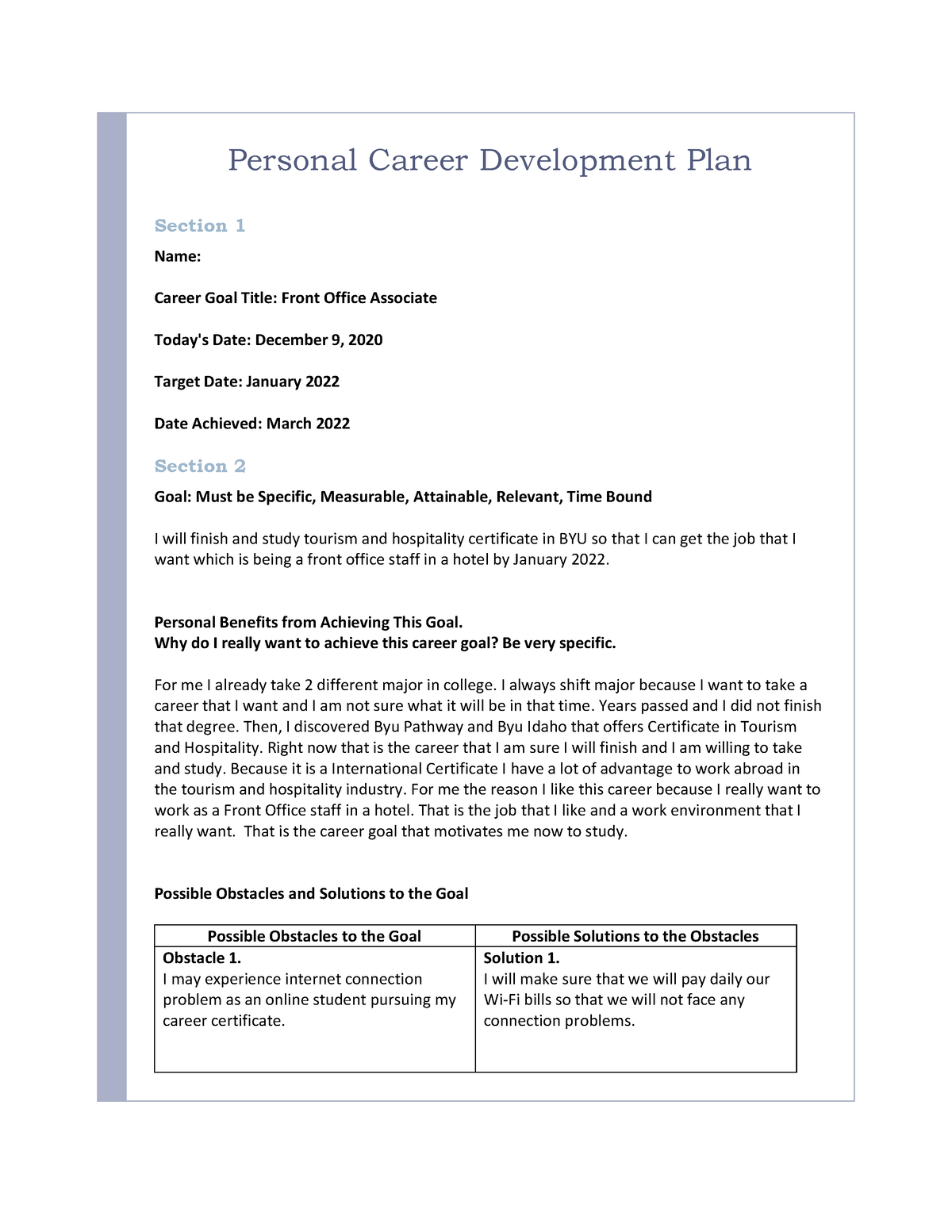 HTMPC 110 Assignment Personal Career Development Plan - Personal Career ...