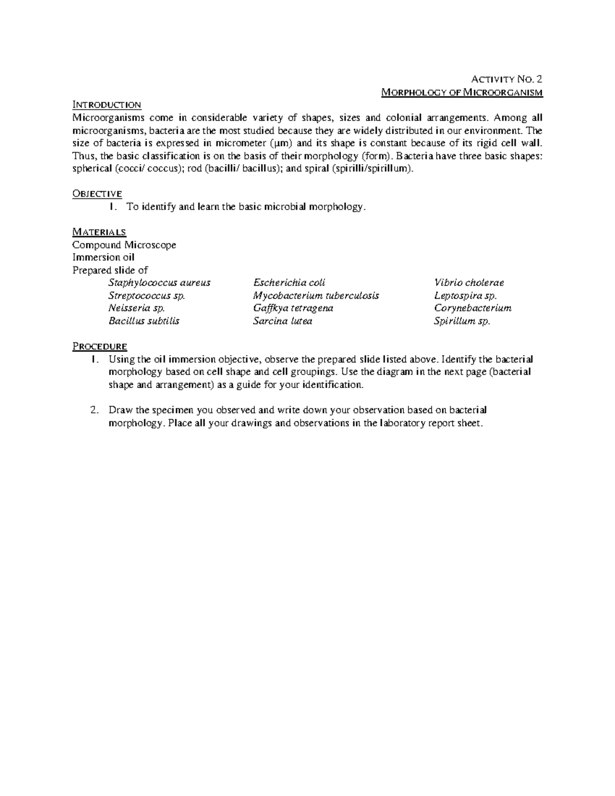 Micro Activity No 2 - ACTIVITY NO. 2 MORPHOLOGY OF MICROORGANISM ...