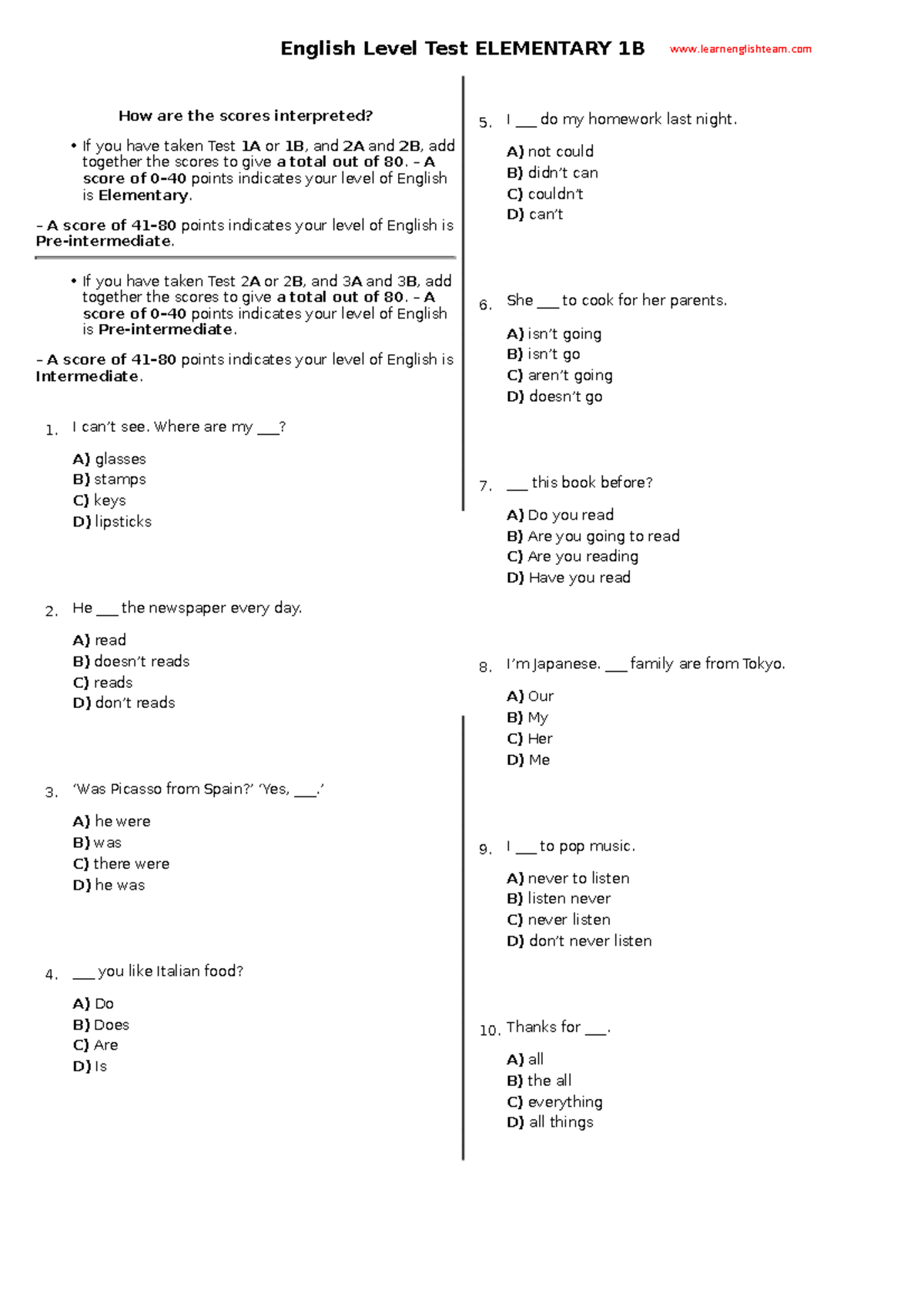 2 english-level-test-elementary-b1 learnenglishteam.com - If you have ...