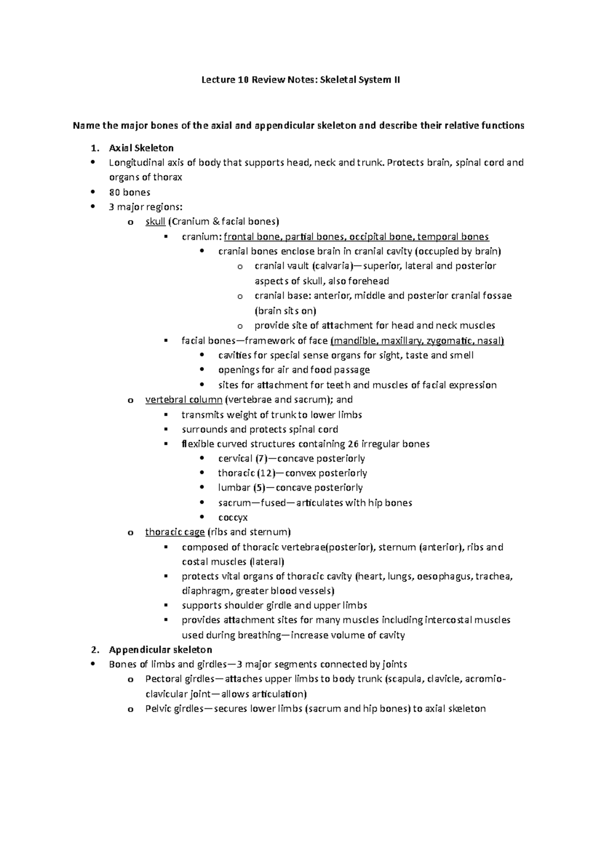 Skeletal 2: Skeletal System - Lecture 10 Review Notes: Skeletal System ...