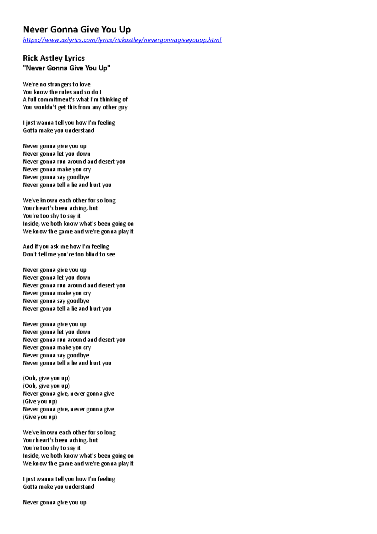 Activity 2 AZLyrics Article Never Gonna Give You Up Studocu