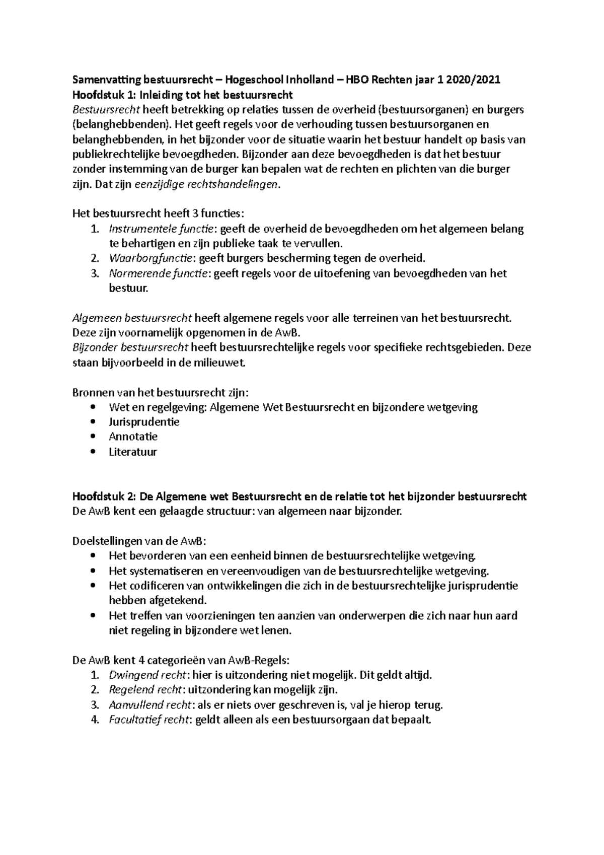 Samenvatting Bestuursrecht – Hogeschool Inholland – HBO Rechten Jaar 1 ...