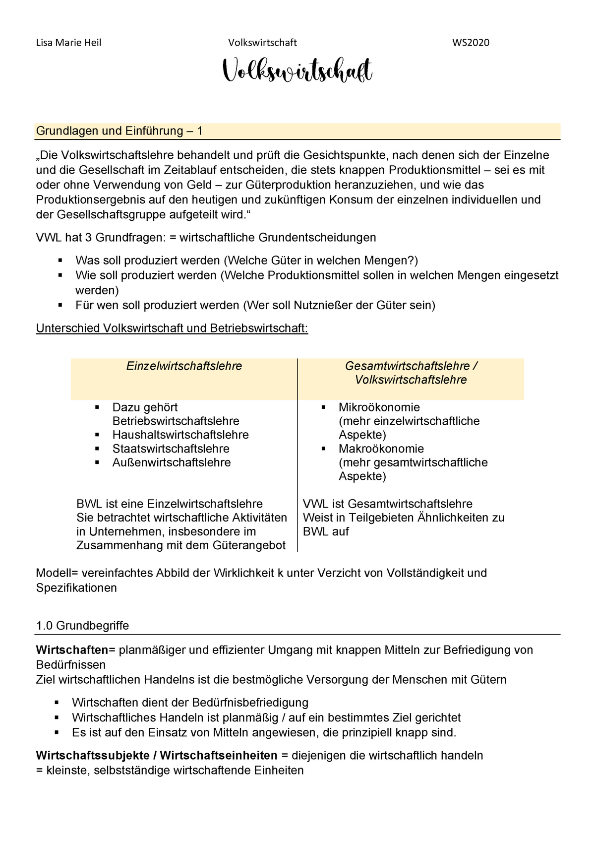 Zusammenfassung Volkswirtschaftslehre 2020/2021 - Volkswirtschaft ...