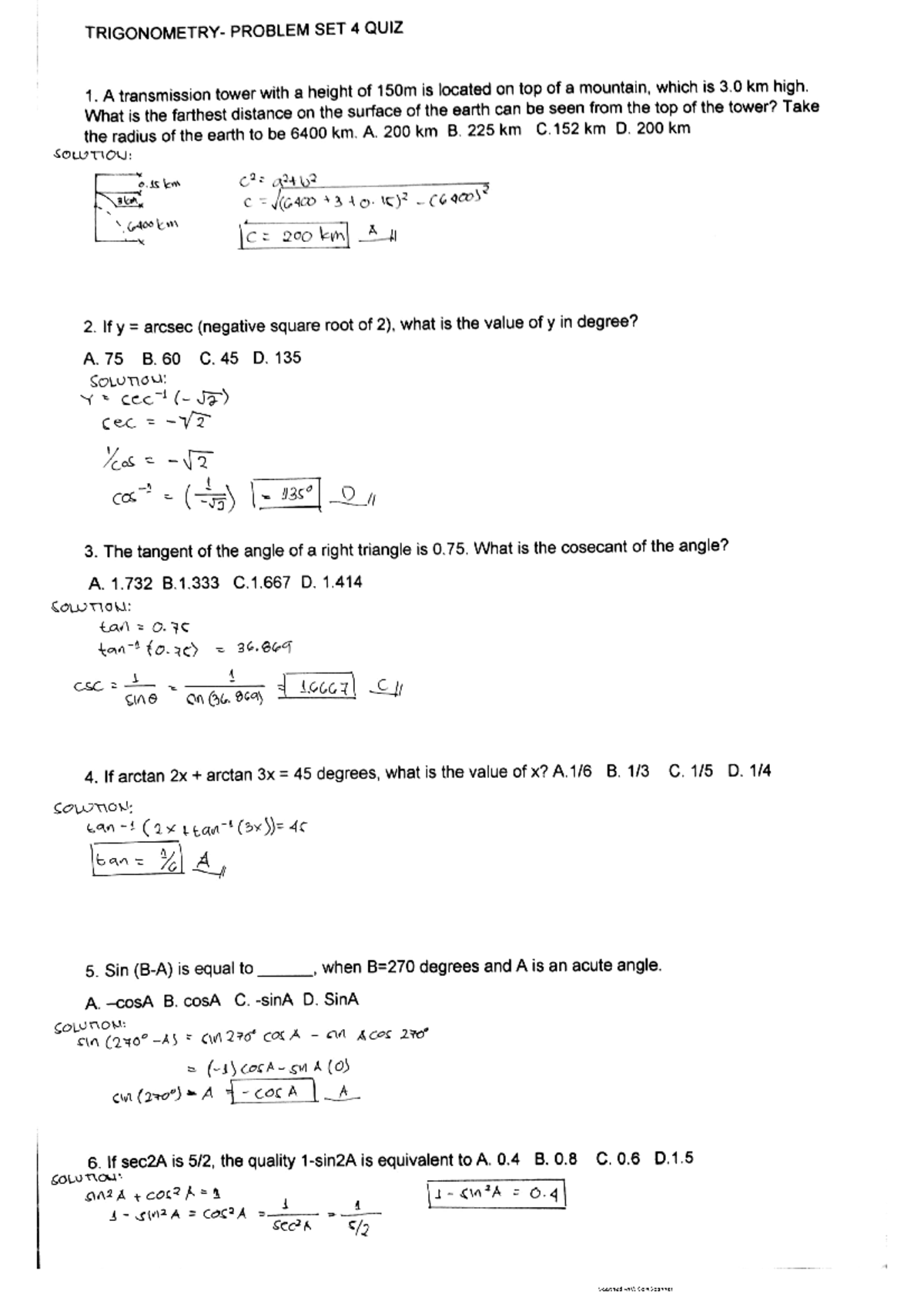 Trigonometry Set 4 Quiz - BS Electrical Engineering - NVSU - Studocu