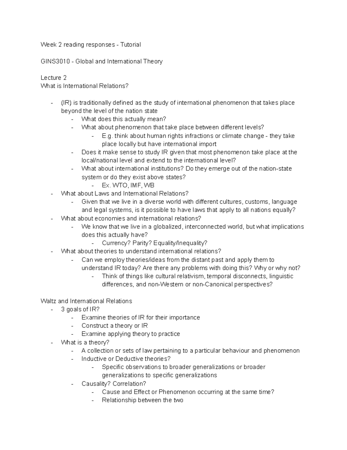 GINS3010 - Lecture 2 - Week 2 reading responses - Tutorial GINS3010 ...