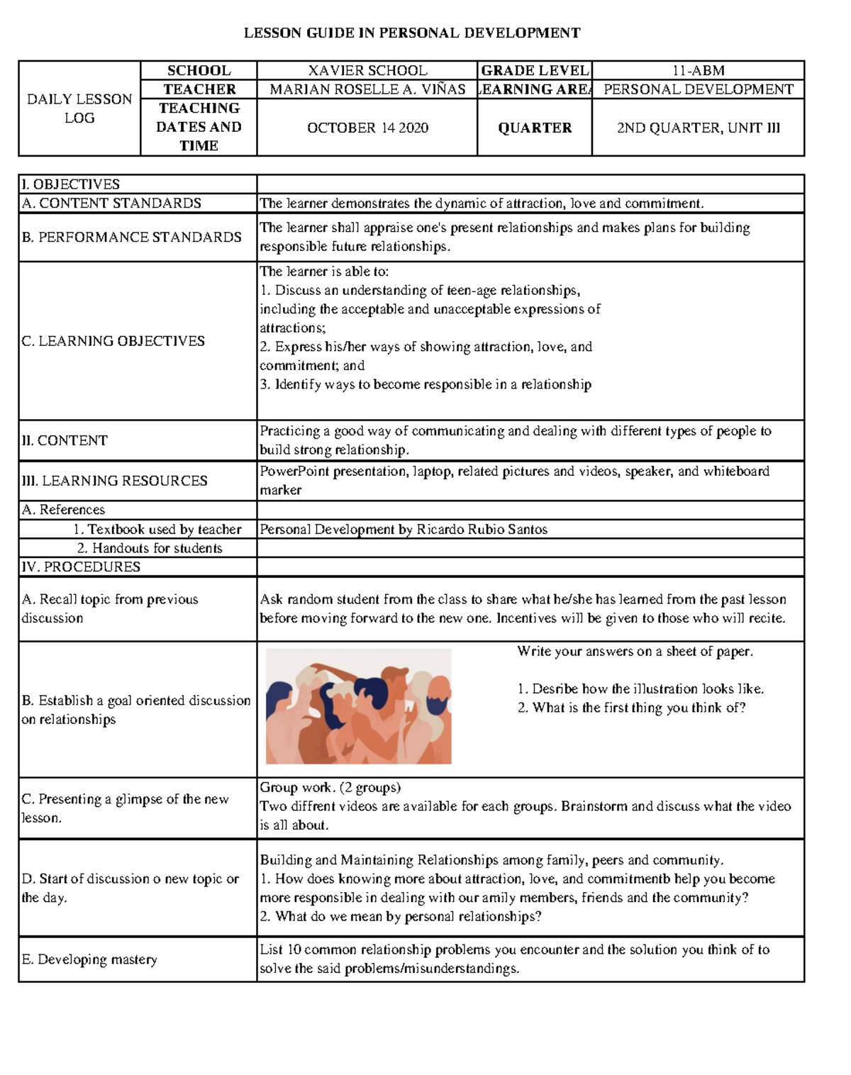 Perdev Lesson PLAN - LAS - SCHOOL XAVIER SCHOOL GRADE LEVEL 11-ABM ...