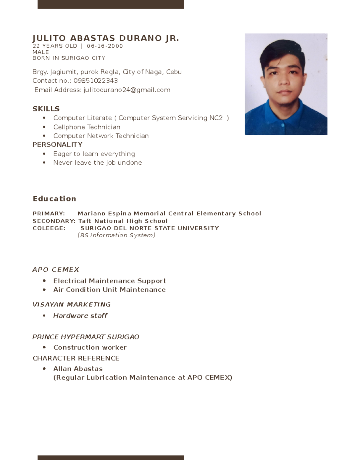 Resume - awts - JULITO ABASTAS DURANO JR. 2 2 Y E A R S O L D | 0 6 - 1 ...