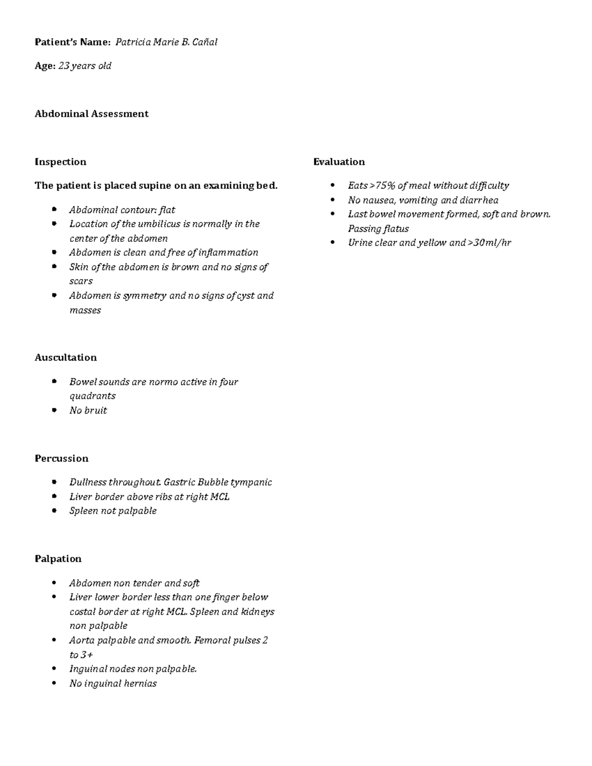 Activity 1B - Canal - Abdominal Assessment - Patient’s Name: Patricia ...