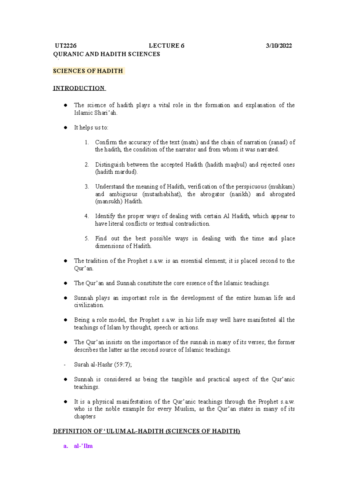 sciences-of-hadith-ut2226-lecture-6-3-10-quranic-and-hadith-sciences