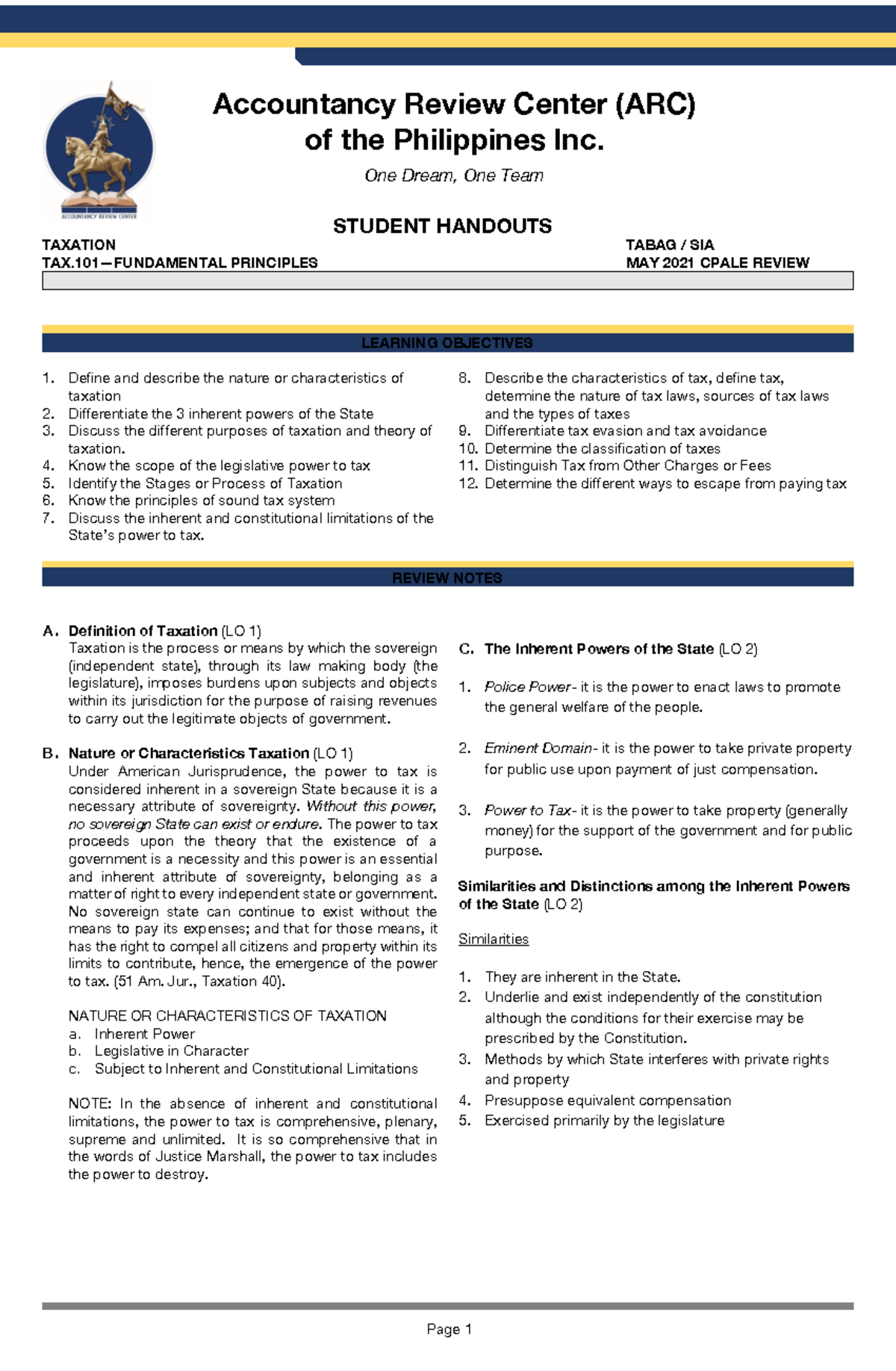 TAX101 TAX 101 Principles Of Taxation - Page 1 TAXATION TABAG / SIA TAX ...