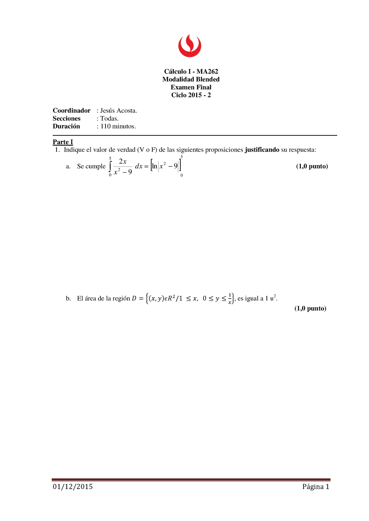 Examen 2015, Preguntas - I MA262 Modalidad Blended Examen Final Ciclo ...