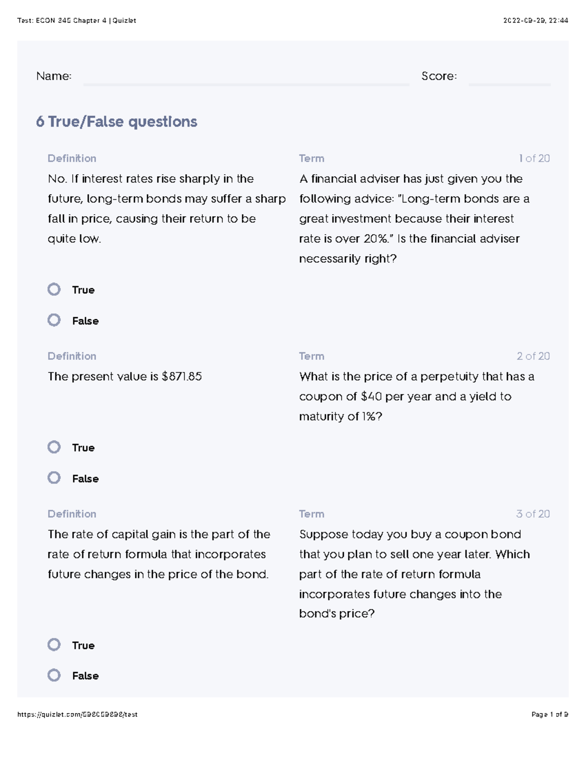 Test: ECON 345 Chapter 4 Quizlet - Name: Score: 6 True/False Questions ...